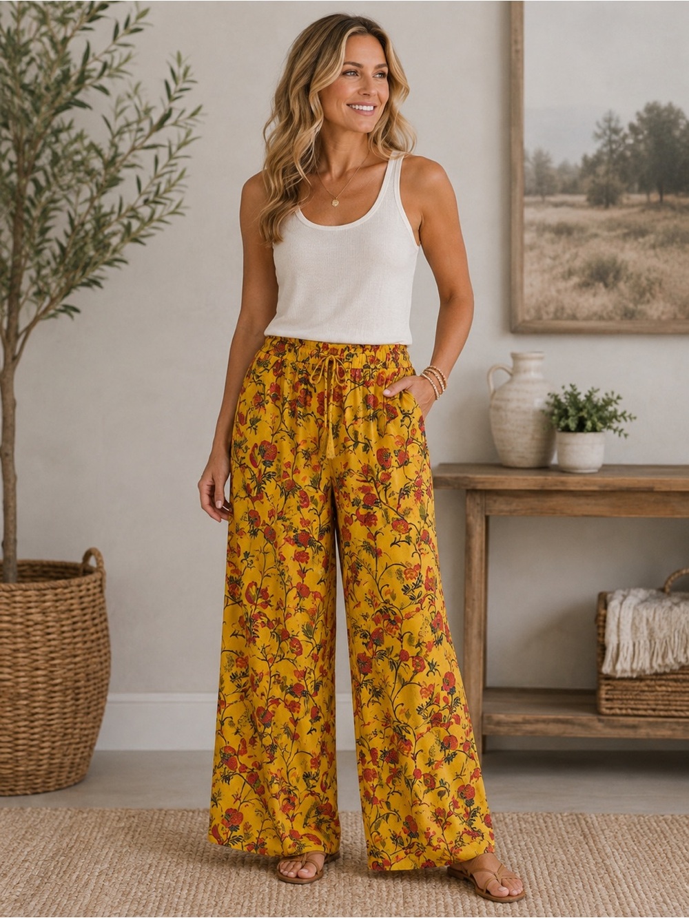 Rose & Olive Yellow Wide-Leg Floral Pants Size XL